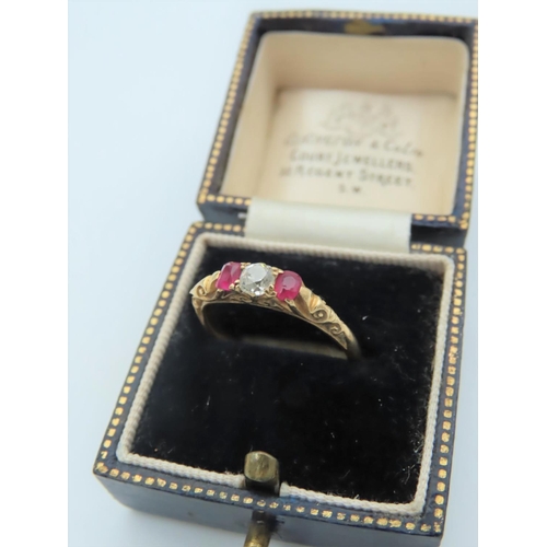 569 - Edwardian Ruby and Diamond Three Stone Ring Mounted on 18 Carat Yellow Gold Please Note: Band Cut fo... 