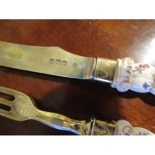 584 - Victorian Porcelain Hafted Solid Silver Gilt Decorated Dessert Knife and Fork The Spiralling Haft De... 