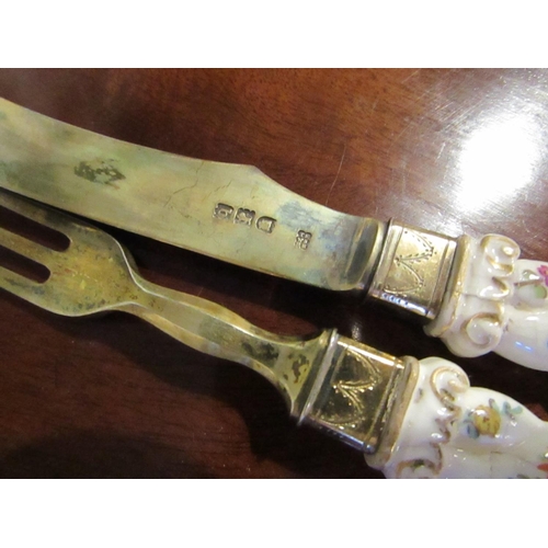 584 - Victorian Porcelain Hafted Solid Silver Gilt Decorated Dessert Knife and Fork The Spiralling Haft De... 