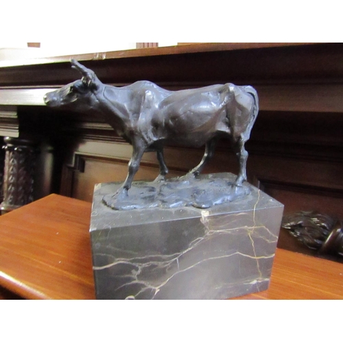 600 - Bronze Sculpture of Cow on Rectangular Form Marble Base Approximately 7 Inches Wide x 8 Inches High