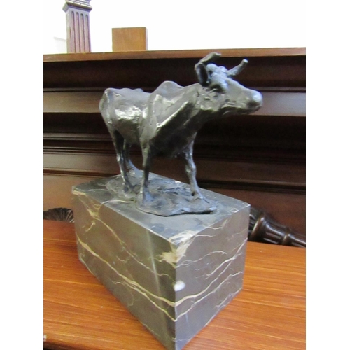 600 - Bronze Sculpture of Cow on Rectangular Form Marble Base Approximately 7 Inches Wide x 8 Inches High