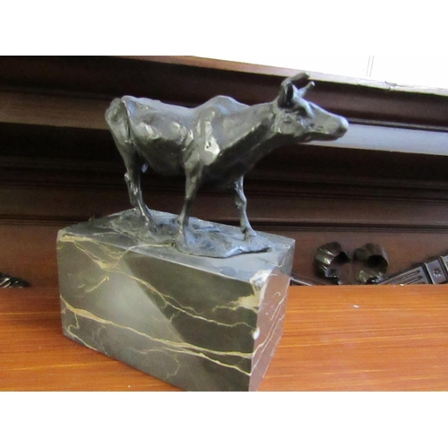 600 - Bronze Sculpture of Cow on Rectangular Form Marble Base Approximately 7 Inches Wide x 8 Inches High