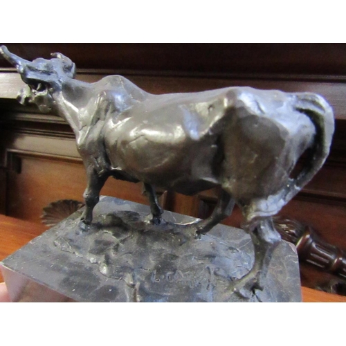 600 - Bronze Sculpture of Cow on Rectangular Form Marble Base Approximately 7 Inches Wide x 8 Inches High