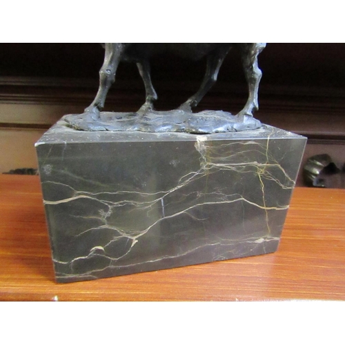 600 - Bronze Sculpture of Cow on Rectangular Form Marble Base Approximately 7 Inches Wide x 8 Inches High