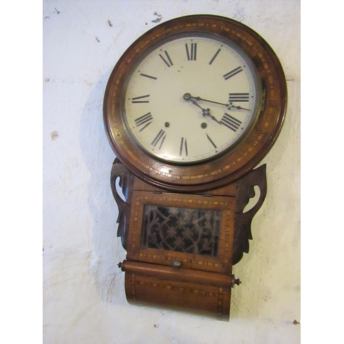 601 - Victorian Marquetry Decorated Wall Clock Roman Numeral Decorated Dial with Pendulum Working Order