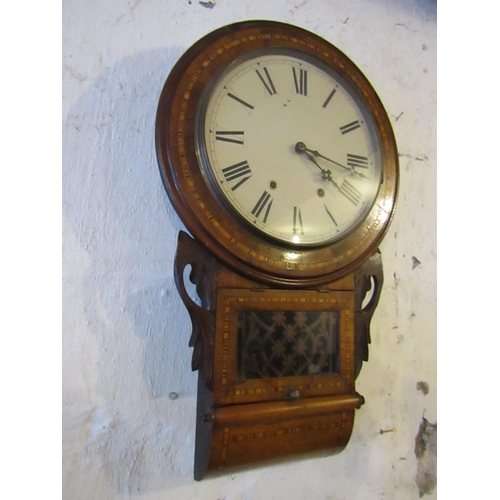 601 - Victorian Marquetry Decorated Wall Clock Roman Numeral Decorated Dial with Pendulum Working Order