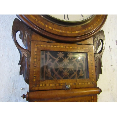 601 - Victorian Marquetry Decorated Wall Clock Roman Numeral Decorated Dial with Pendulum Working Order