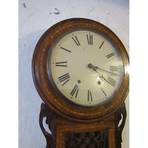 601 - Victorian Marquetry Decorated Wall Clock Roman Numeral Decorated Dial with Pendulum Working Order