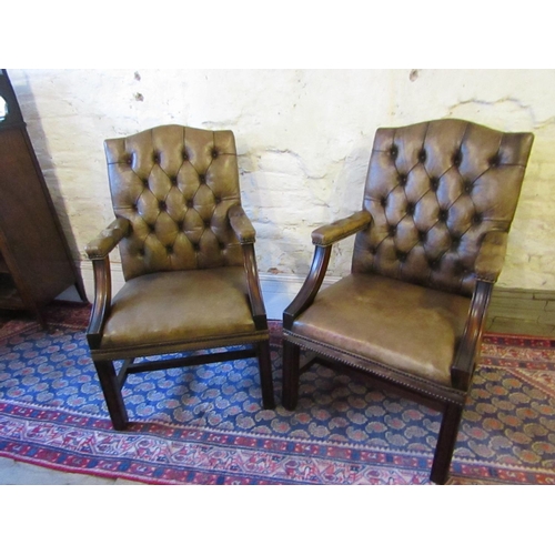 604 - Pair of Mahogany Framed Deep Button Green Leather Upholstered Gainsborough Armchairs Good Original C... 