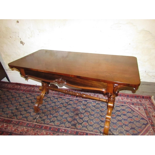 605 - William IV Rosewood Twin Pod Library Table Single Long Drawer above Turned Stretcher Supports Good O... 