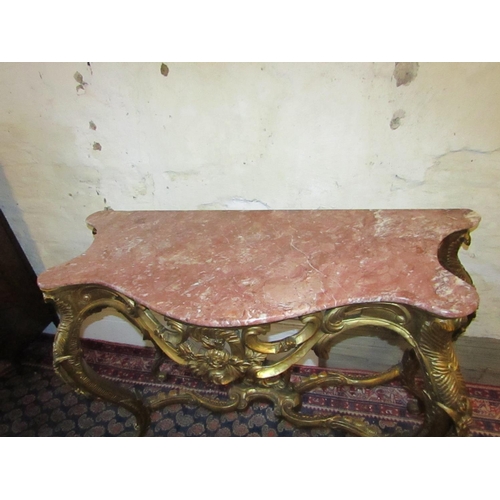 608 - Carved Giltwood Rouge Marble Top Serpentine Front Console Table with Further Well Carved Frieze Appr... 