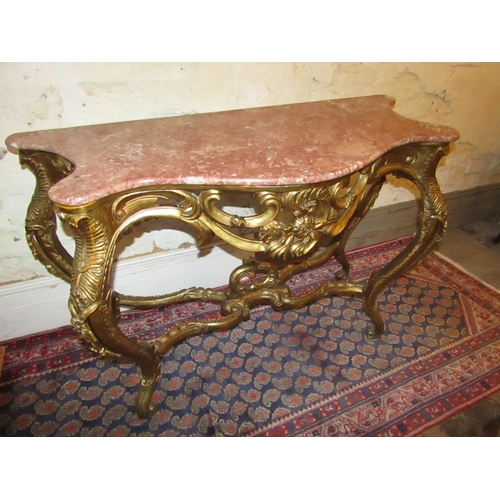 608 - Carved Giltwood Rouge Marble Top Serpentine Front Console Table with Further Well Carved Frieze Appr... 