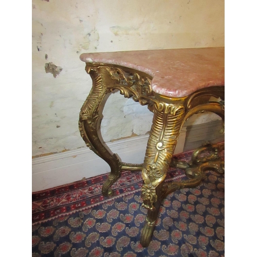 608 - Carved Giltwood Rouge Marble Top Serpentine Front Console Table with Further Well Carved Frieze Appr... 