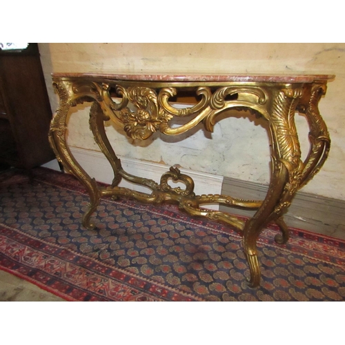 608 - Carved Giltwood Rouge Marble Top Serpentine Front Console Table with Further Well Carved Frieze Appr... 