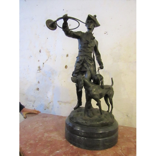 609 - Bronze Sculpture Huntsman with Hounds on Circular Form Marble Base Well Chased and Detailed