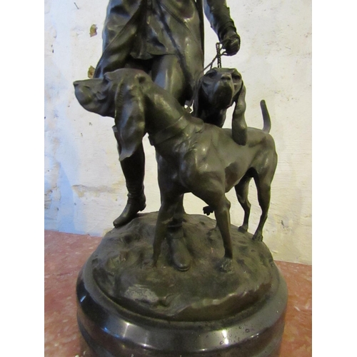 609 - Bronze Sculpture Huntsman with Hounds on Circular Form Marble Base Well Chased and Detailed