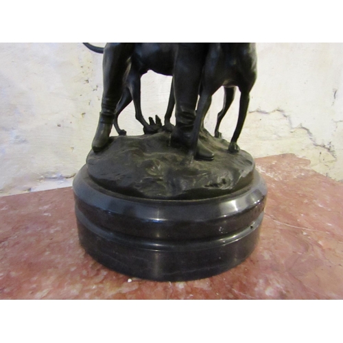 609 - Bronze Sculpture Huntsman with Hounds on Circular Form Marble Base Well Chased and Detailed