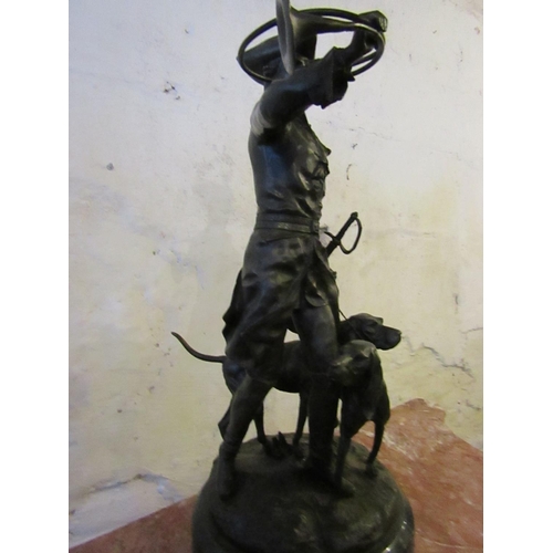 609 - Bronze Sculpture Huntsman with Hounds on Circular Form Marble Base Well Chased and Detailed