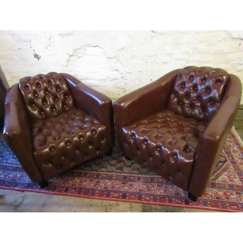 611 - Pair of Tan Leather Deep Button Upholstered Aviator Armchairs of Shaped Form Good Original Condition