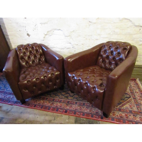 611 - Pair of Tan Leather Deep Button Upholstered Aviator Armchairs of Shaped Form Good Original Condition