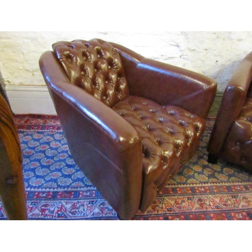 611 - Pair of Tan Leather Deep Button Upholstered Aviator Armchairs of Shaped Form Good Original Condition