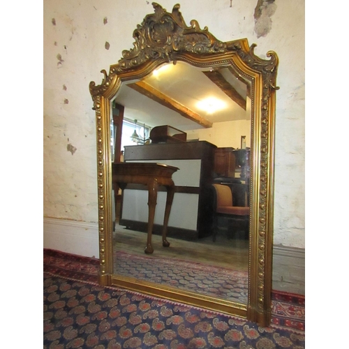 613 - Antique Gilded Wall Mirror or Overmantle Mirror with Upper Cartouche Decoration Approximately 54 Inc... 