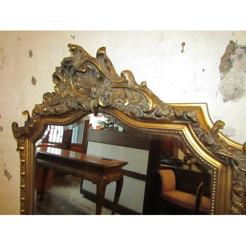 613 - Antique Gilded Wall Mirror or Overmantle Mirror with Upper Cartouche Decoration Approximately 54 Inc... 