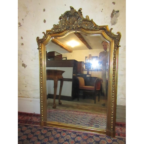 613 - Antique Gilded Wall Mirror or Overmantle Mirror with Upper Cartouche Decoration Approximately 54 Inc... 