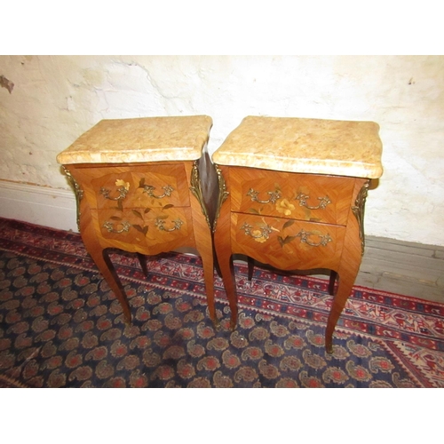 614 - Pair of Kingswood Marquetry Decorated Marble Top Side Lockers with Ormolu Mounts and Cabriole Suppor... 