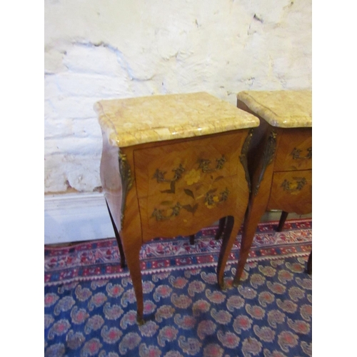 614 - Pair of Kingswood Marquetry Decorated Marble Top Side Lockers with Ormolu Mounts and Cabriole Suppor... 