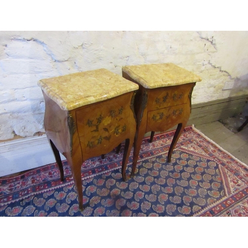 614 - Pair of Kingswood Marquetry Decorated Marble Top Side Lockers with Ormolu Mounts and Cabriole Suppor... 