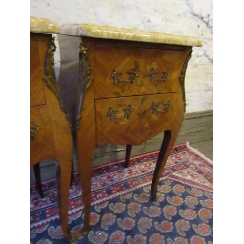 614 - Pair of Kingswood Marquetry Decorated Marble Top Side Lockers with Ormolu Mounts and Cabriole Suppor... 