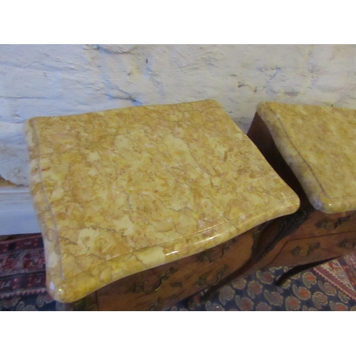 614 - Pair of Kingswood Marquetry Decorated Marble Top Side Lockers with Ormolu Mounts and Cabriole Suppor... 