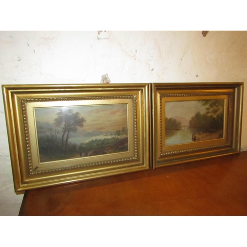 616 - Pair of Victorian Oil Paintings Gilt Framed River Scenes Signed Indistinctly Each Approximately 8 In... 