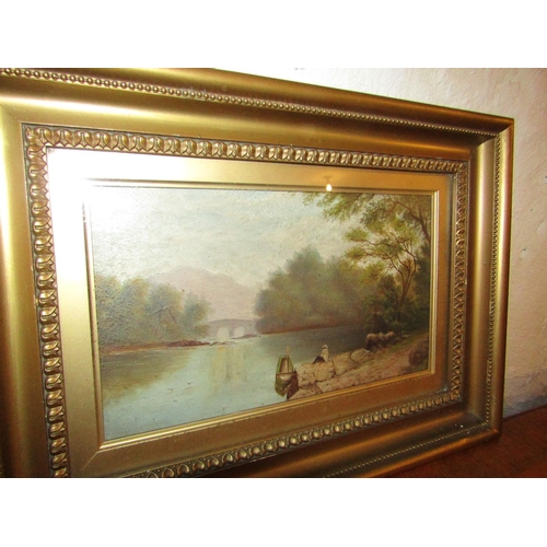 616 - Pair of Victorian Oil Paintings Gilt Framed River Scenes Signed Indistinctly Each Approximately 8 In... 