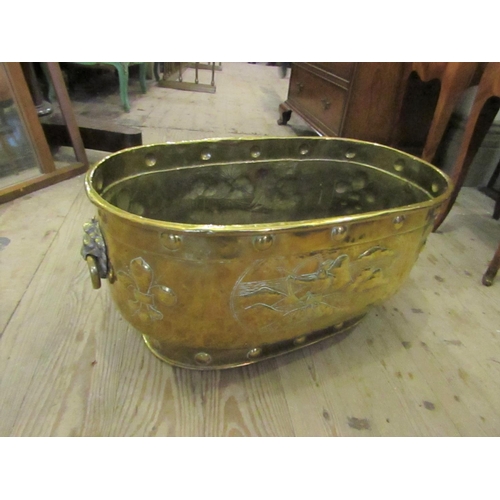 620 - Very Large Georgian Brass Oval Form Log Box with Castle Motif Decoration to Front Lion Head Ringside... 