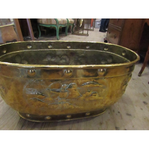 620 - Very Large Georgian Brass Oval Form Log Box with Castle Motif Decoration to Front Lion Head Ringside... 