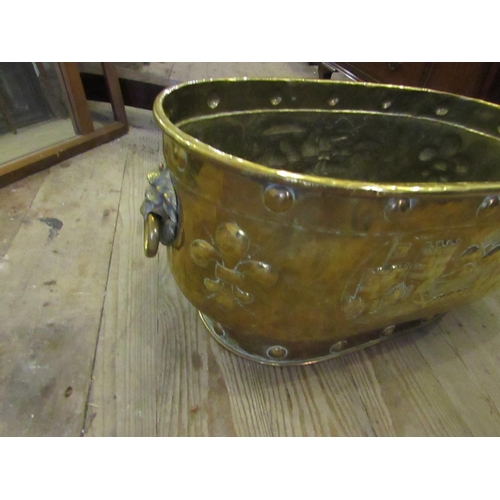 620 - Very Large Georgian Brass Oval Form Log Box with Castle Motif Decoration to Front Lion Head Ringside... 