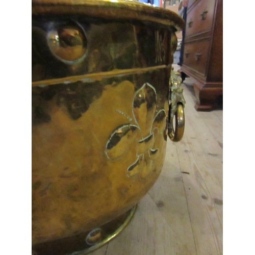 620 - Very Large Georgian Brass Oval Form Log Box with Castle Motif Decoration to Front Lion Head Ringside... 