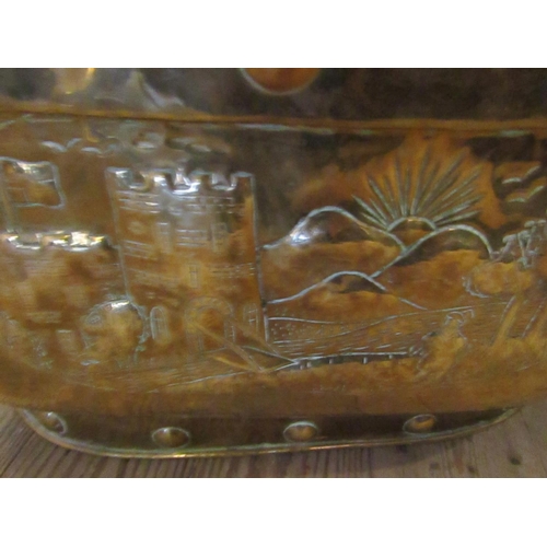 620 - Very Large Georgian Brass Oval Form Log Box with Castle Motif Decoration to Front Lion Head Ringside... 