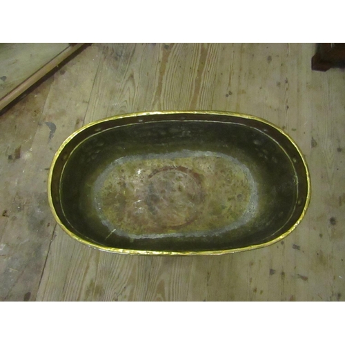 620 - Very Large Georgian Brass Oval Form Log Box with Castle Motif Decoration to Front Lion Head Ringside... 