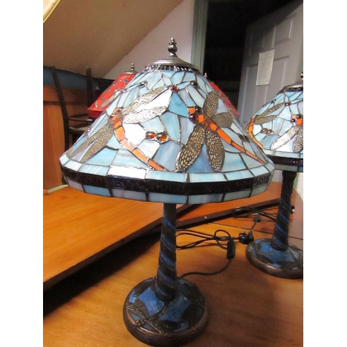 621 - Pair of Tiffany Dragonfly Motif Table Lamps Electrified Working Order Each Approximately 22 Inches H... 