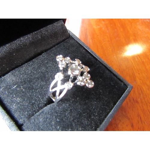 628 - Star Flower Motif 18 Carat White Gold Diamond Ring of Attractive Colour Ring Size N and a Half