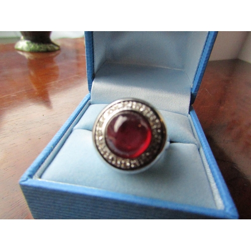 629 - Rubellite Cabochon Cut Centre Stone Ring Diamond Surround Mounted on 18 Carat White Gold Ring Size O