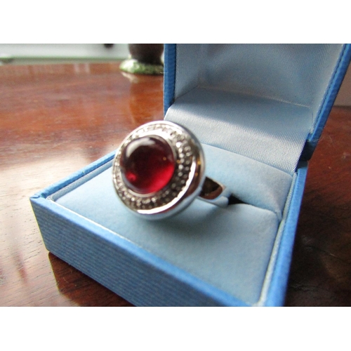 629 - Rubellite Cabochon Cut Centre Stone Ring Diamond Surround Mounted on 18 Carat White Gold Ring Size O