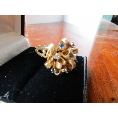 631 - Fancy 18 Carat Yellow Gold Ring Mounted with Sapphires and Diamonds Ring Size N and a Half Vintage