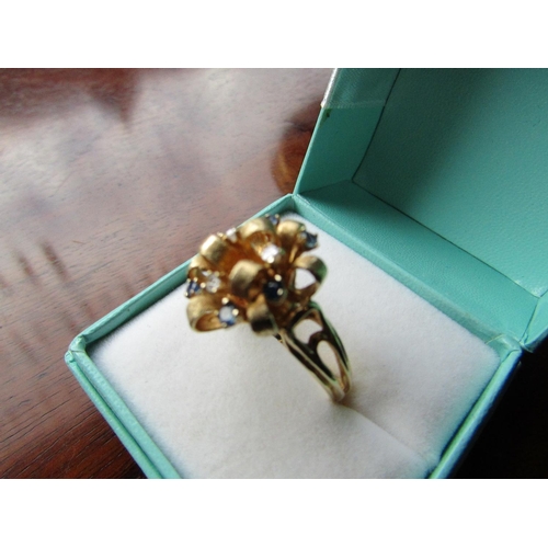 631 - Fancy 18 Carat Yellow Gold Ring Mounted with Sapphires and Diamonds Ring Size N and a Half Vintage