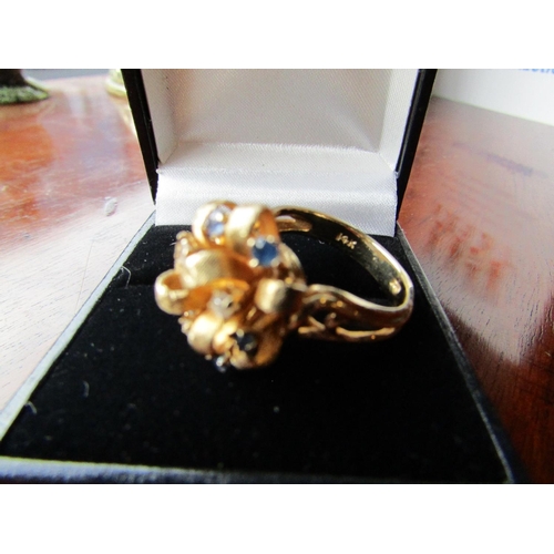 631 - Fancy 18 Carat Yellow Gold Ring Mounted with Sapphires and Diamonds Ring Size N and a Half Vintage