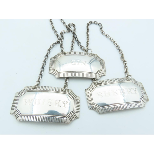 645 - Three Solid Silver Decanter Labels Gin, Whisky and Sherry with Original Silver Chains