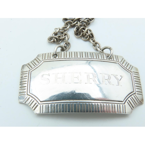 645 - Three Solid Silver Decanter Labels Gin, Whisky and Sherry with Original Silver Chains